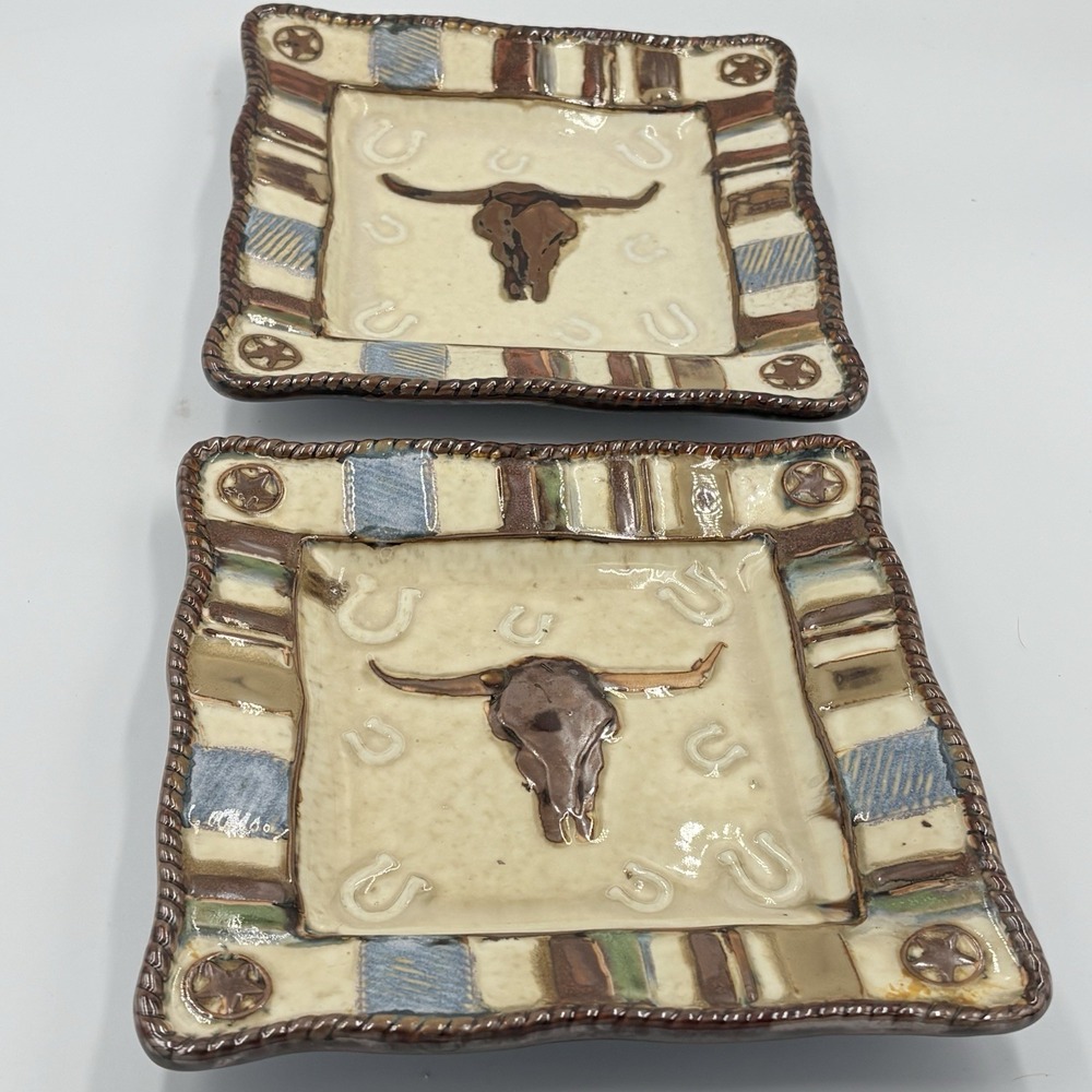 Canyon Ranch  8-inch Square Salad Dessert Plate Set 2 Steer Bull Western Ranch